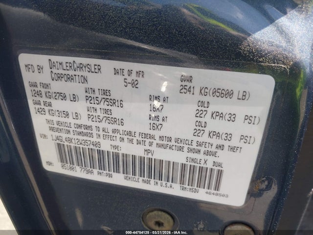 Продажа на аукционе авто 2002 Jeep Liberty Sport, vin: 1J4GL48K12W357409, номер лота: 44754125