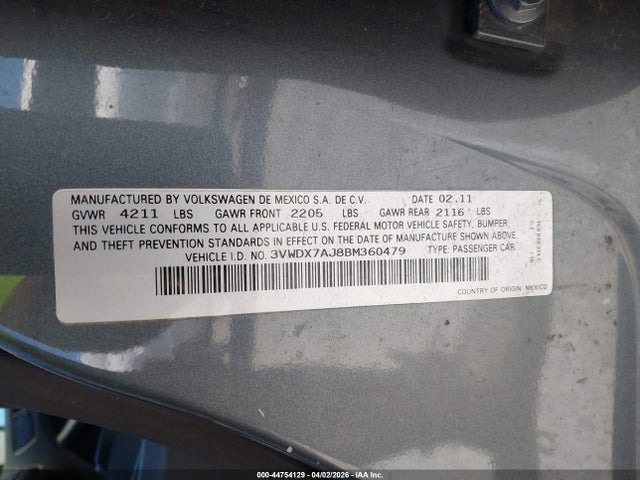 44754129 :رقم المزاد ، 3VWDX7AJ8BM360479 vin ، 2011 Volkswagen Jetta 2.5l Se مزاد بيع