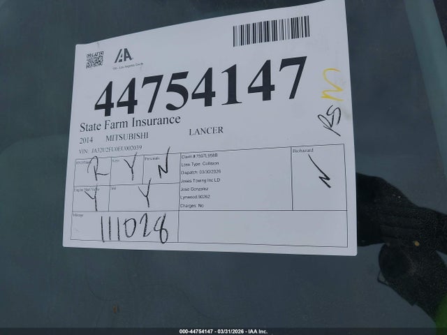 Продаж на аукціоні авто 2014 Mitsubishi Lancer Es, vin: JA32U2FU0EU002039, номер лоту: 44754147
