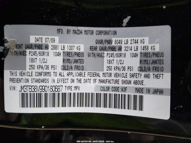 2009 Mazda Cx-9 Touring მანქანა იყიდება აუქციონზე, vin: JM3TB38V990180687, აუქციონის ნომერი: 44754148