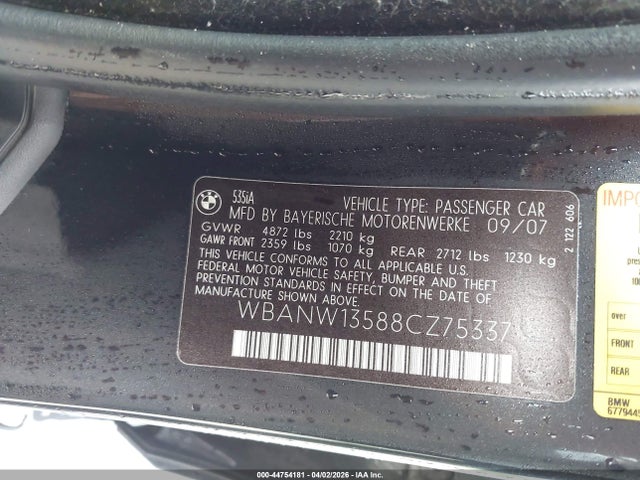 2008 Bmw 535i მანქანა იყიდება აუქციონზე, vin: WBANW13588CZ75337, აუქციონის ნომერი: 44754181