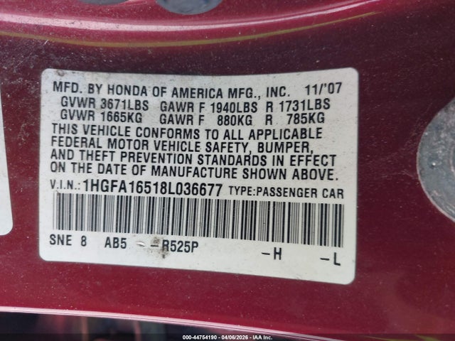 44754190 :رقم المزاد ، 1HGFA16518L036677 vin ، 2008 Honda Civic Lx مزاد بيع