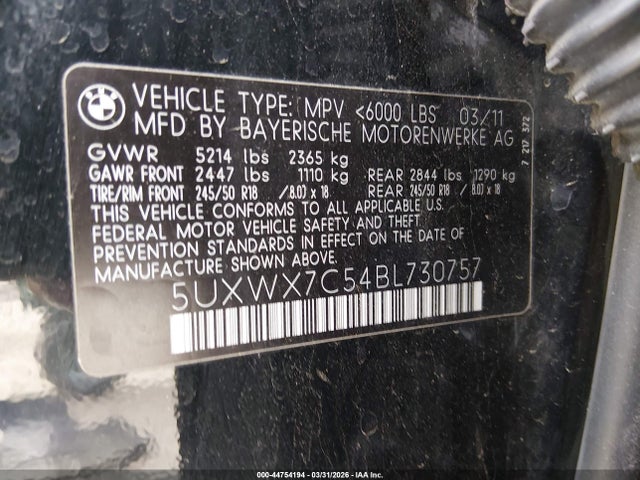 Aukcja sprzedaży 2011 Bmw X3 Xdrive35i, vin: 5UXWX7C54BL730757, numer aukcji: 44754194