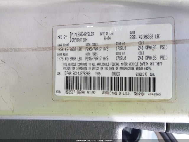 44754212 :رقم المزاد ، 1D7HA16K14J276269 vin ، 2004 Dodge Ram 1500 St مزاد بيع