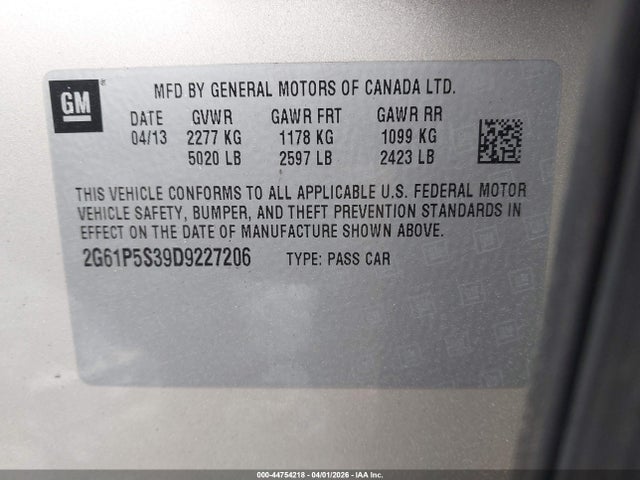 44754218 :رقم المزاد ، 2G61P5S39D9227206 vin ، 2013 Cadillac Xts Luxury مزاد بيع