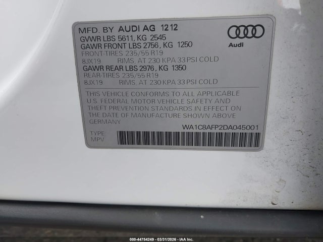 2013 Audi Q5 Hybrid 2.0t Prestige მანქანა იყიდება აუქციონზე, vin: WA1C8AFP2DA045001, აუქციონის ნომერი: 44754249