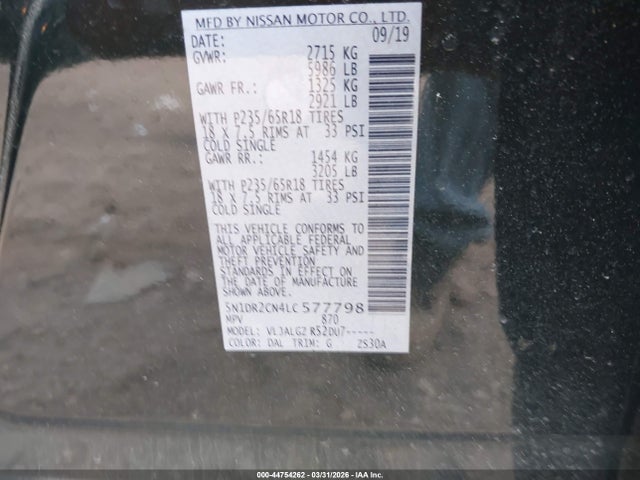 44754262 :رقم المزاد ، 5N1DR2CN4LC577798 vin ، 2020 Nissan Pathfinder Sl 2wd مزاد بيع