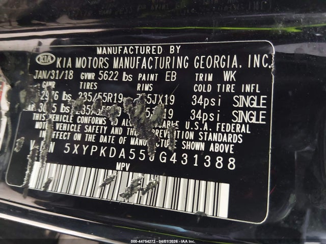 2018 Kia Sorento 3.3l Sx მანქანა იყიდება აუქციონზე, vin: 5XYPKDA55JG431388, აუქციონის ნომერი: 44754272