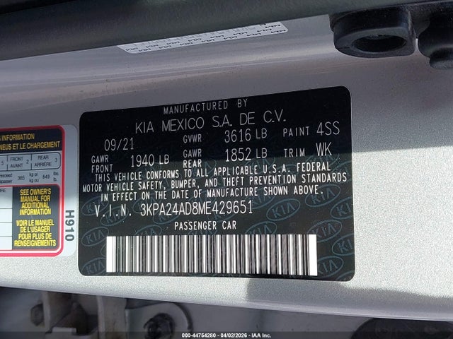 2021 Kia Rio Lx მანქანა იყიდება აუქციონზე, vin: 3KPA24AD8ME429651, აუქციონის ნომერი: 44754280
