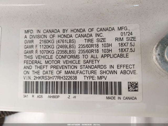 2024 Honda Cr-v Ex-l 2wd მანქანა იყიდება აუქციონზე, vin: 2HKRS3H77RH322638, აუქციონის ნომერი: 44754295