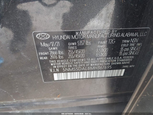 Aukcja sprzedaży 2021 Hyundai Santa Fe Calligraphy, vin: 5NMS5DAL8MH367695, numer aukcji: 44754308