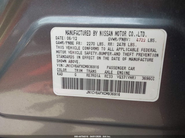 2012 Infiniti G37 Journey მანქანა იყიდება აუქციონზე, vin: JN1CV6APXCM936916, აუქციონის ნომერი: 44754318