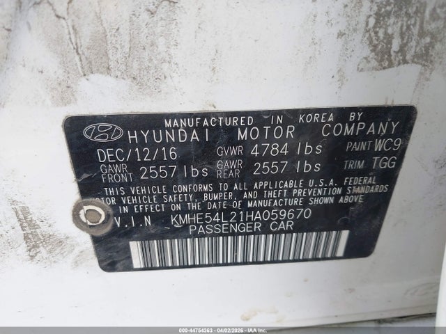 2017 Hyundai Sonata Plug-in Hybrid Limited მანქანა იყიდება აუქციონზე, vin: KMHE54L21HA059670, აუქციონის ნომერი: 44754363