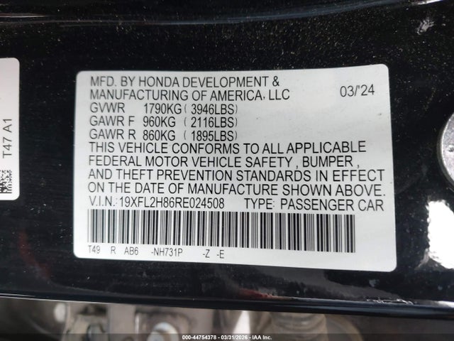 2024 Honda Civic Sport მანქანა იყიდება აუქციონზე, vin: 19XFL2H86RE024508, აუქციონის ნომერი: 44754378