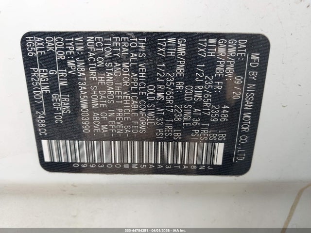 Aukcja sprzedaży 2021 Nissan Rogue S Fwd, vin: JN8AT3AA5MW003990, numer aukcji: 44754381