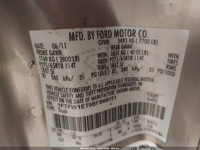 2011 Ford F-150 Xlt მანქანა იყიდება აუქციონზე, vin: 1FTFW1ET9BFB88051, აუქციონის ნომერი: 44754382
