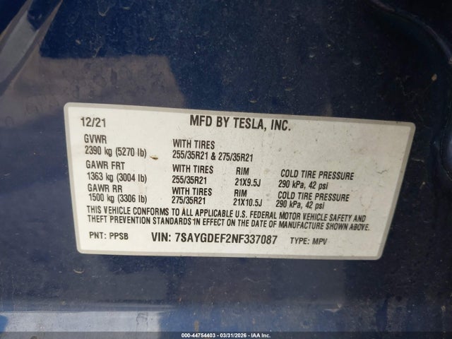 Aukcja sprzedaży 2022 Tesla Model Y Performance Dual Motor All-wheel Drive, vin: 7SAYGDEF2NF337087, numer aukcji: 44754403