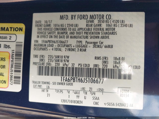 44754415 :رقم المزاد ، 1FA6P8TH6J5106677 vin ، 2018 Ford Mustang Ecoboost مزاد بيع