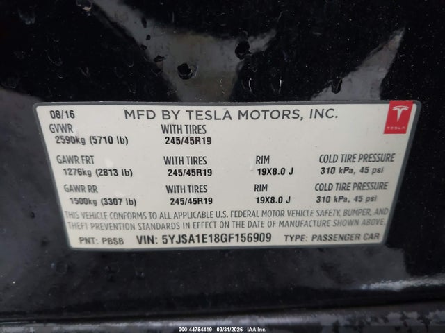 Aukcja sprzedaży 2016 Tesla Model S 60/70/75/85, vin: 5YJSA1E18GF156909, numer aukcji: 44754419