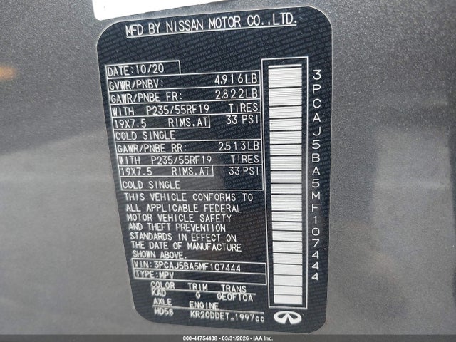 Aukcja sprzedaży 2021 Infiniti Qx50 Luxe, vin: 3PCAJ5BA5MF107444, numer aukcji: 44754438