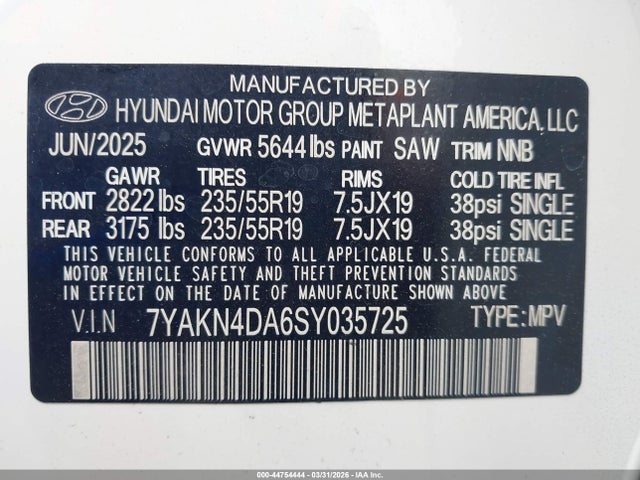 44754444 :رقم المزاد ، 7YAKN4DA6SY035725 vin ، 2025 Hyundai Ioniq 5 Sel مزاد بيع