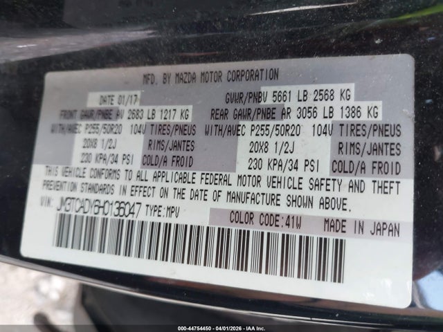 Продаж на аукціоні авто 2017 Mazda Cx-9 Grand Touring, vin: JM3TCADY6H0136047, номер лоту: 44754450