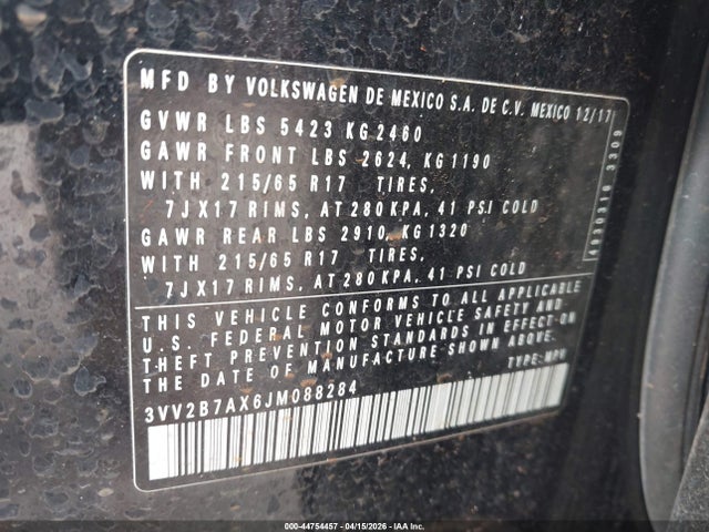 Продаж на аукціоні авто 2018 Volkswagen Tiguan 2.0t Se/2.0t Sel, vin: 3VV2B7AX6JM088284, номер лоту: 44754457