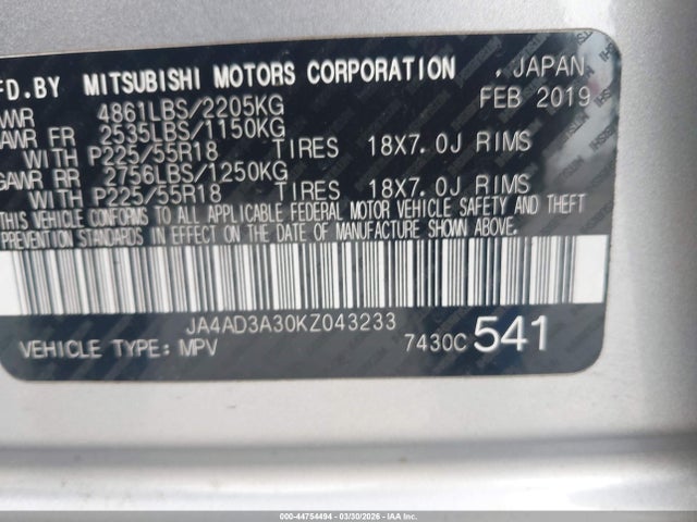 2019 MITSUBISHI OUTLANDER JA4AD3A30KZ043233 Photo 8