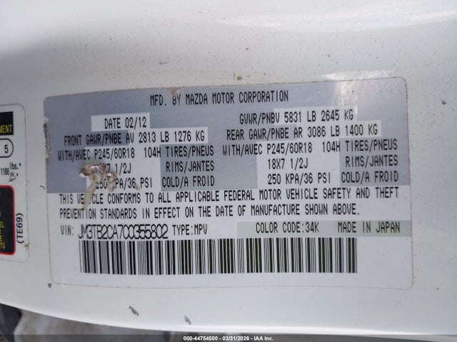 Aukcja sprzedaży 2012 Mazda Cx-9 Touring, vin: JM3TB2CA7C0355802, numer aukcji: 44754500