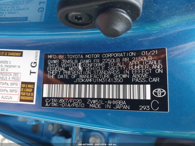 JTDKAMFU1M3141350 Toyota Prius L Eco