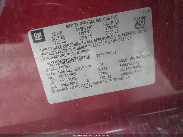 Aukcja sprzedaży 2017 Gmc Sierra 1500 Sle, vin: 1GTV2MEC5HZ139168, numer aukcji: 44754507