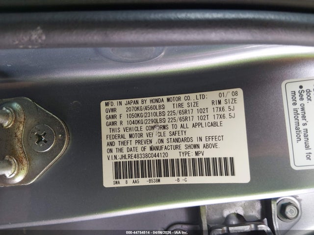 Auction sale of the 2008 Honda Cr-v Lx, vin: JHLRE48338C044120, lot number: 44754514