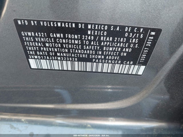 Продажа на аукционе авто 2015 Volkswagen Jetta 1.8t Se, vin: 3VWD17AJ3FM323928, номер лота: 44754536