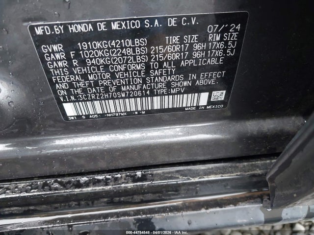 3CZRZ2H70SM720614 Honda Hr-v Awd Ex-l