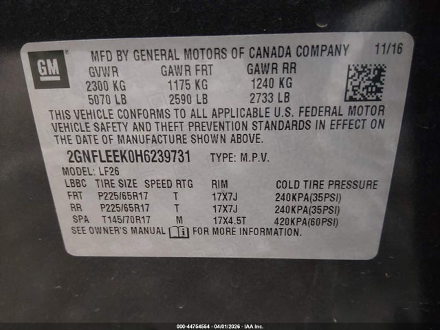 44754554 :رقم المزاد ، 2GNFLEEK0H6239731 vin ، 2017 Chevrolet Equinox Ls مزاد بيع
