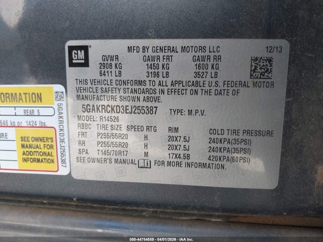 Продаж на аукціоні авто 2014 Buick Enclave Premium, vin: 5GAKRCKD3EJ255387, номер лоту: 44754559