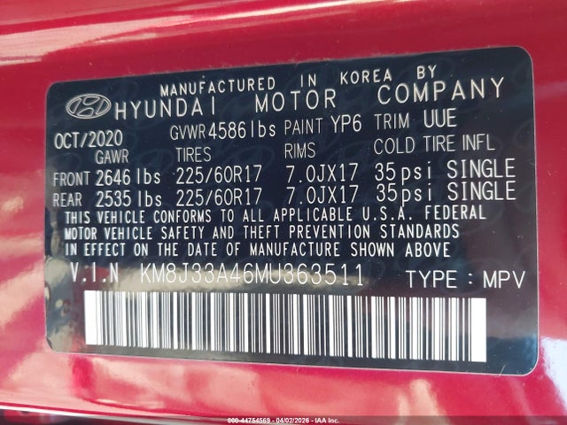 2021 Hyundai Tucson Value მანქანა იყიდება აუქციონზე, vin: KM8J33A46MU363511, აუქციონის ნომერი: 44754569