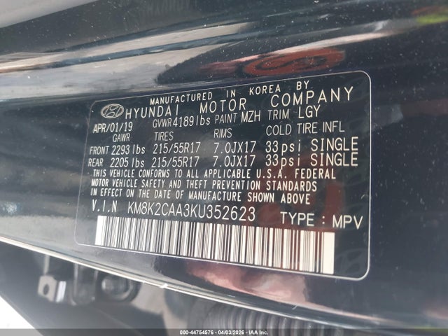 44754576 :رقم المزاد ، KM8K2CAA3KU352623 vin ، 2019 Hyundai Kona Sel مزاد بيع