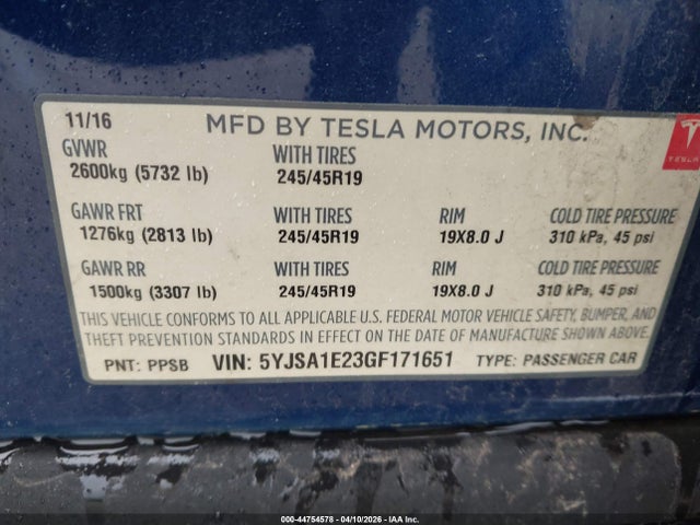 44754578 :رقم المزاد ، 5YJSA1E23GF171651 vin ، 2016 Tesla Model S 60d/70d/75d/85d/90d مزاد بيع
