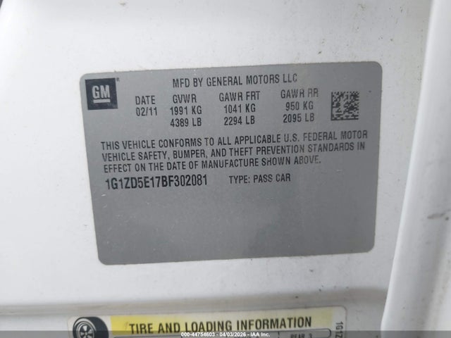 2011 Chevrolet Malibu 2lt მანქანა იყიდება აუქციონზე, vin: 1G1ZD5E17BF302081, აუქციონის ნომერი: 44754603