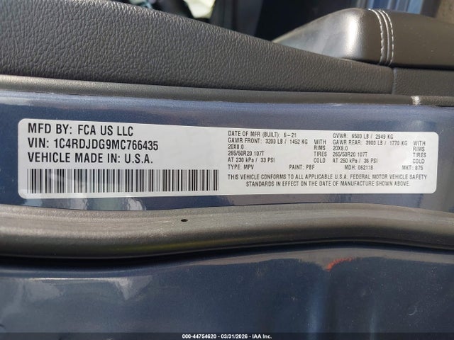 Продажа на аукционе авто 2021 Dodge Durango Gt Awd, vin: 1C4RDJDG9MC766435, номер лота: 44754620