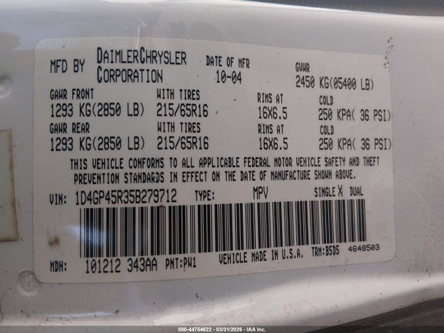 Aukcja sprzedaży 2005 Dodge Caravan Sxt, vin: 1D4GP45R35B279712, numer aukcji: 44754622