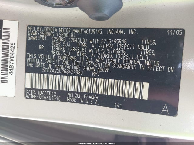 Продаж на аукціоні авто 2006 Toyota Sienna Xle, vin: 5TDZA22C26S422980, номер лоту: 44754623