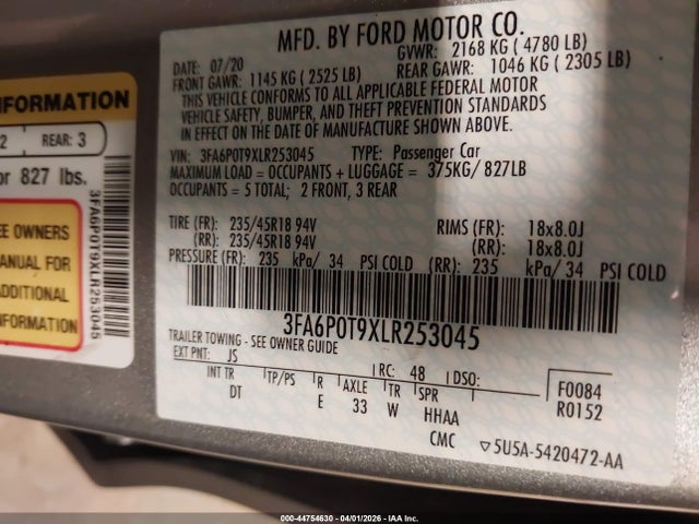 Aukcja sprzedaży 2020 Ford Fusion Se, vin: 3FA6P0T9XLR253045, numer aukcji: 44754630