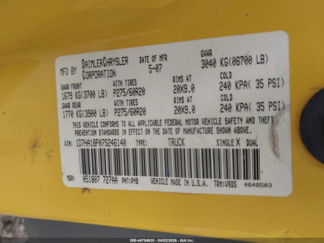 Продаж на аукціоні авто 2007 Dodge Ram 1500 Slt, vin: 1D7HA18P07S246140, номер лоту: 44754635