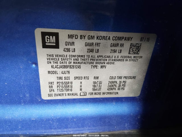 44754647 :رقم المزاد ، KL4CJASB9FB261245 vin ، 2015 Buick Encore مزاد بيع