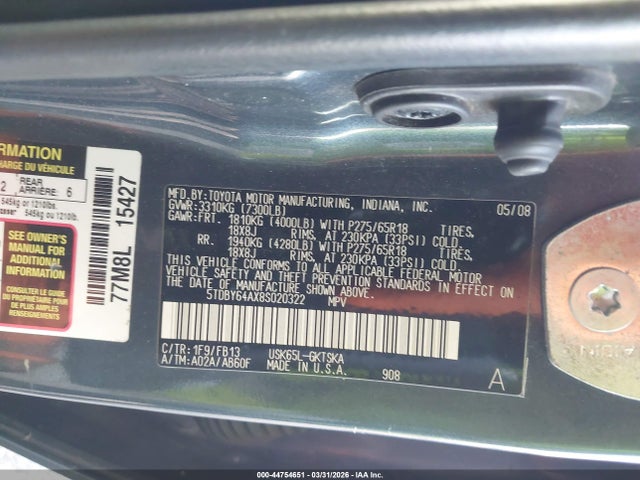 Продаж на аукціоні авто 2008 Toyota Sequoia Sr5 5.7l V8, vin: 5TDBY64AX8S020322, номер лоту: 44754651