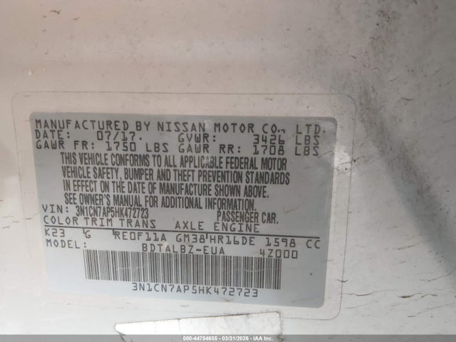 3N1CN7AP5HK472723 Nissan Versa 1.6 Sv