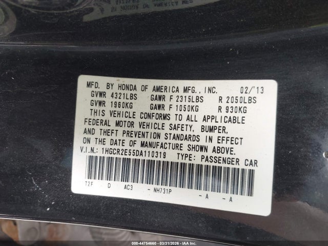 44754660 :رقم المزاد ، 1HGCR2E55DA110319 vin ، 2013 Honda Accord Sport مزاد بيع