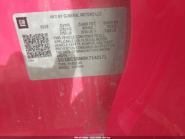 Продажа на аукционе авто 2019 Chevrolet Cruze Ls, vin: 1G1BC5SM0K7142171, номер лота: 44754664